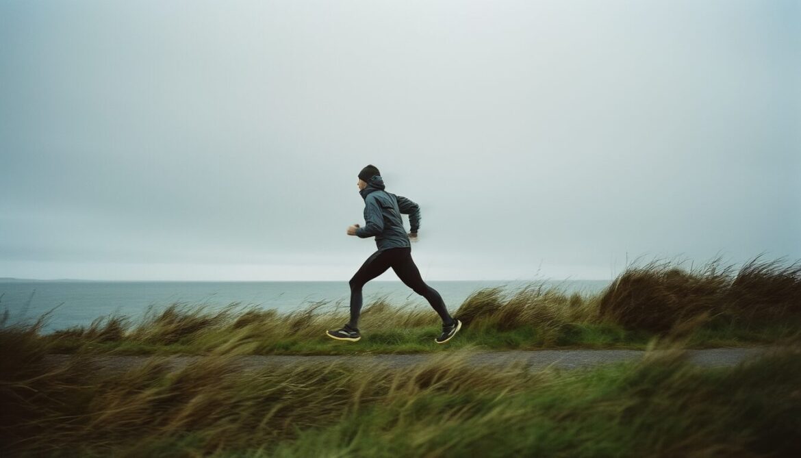 Läufer in winddichter Jacke joggt bei starkem Wind über einen offenen Küstenweg