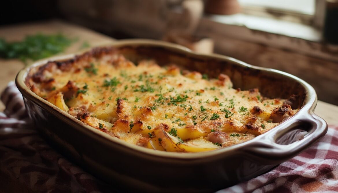 Goldbraun überbackener Leberkäse-Kartoffel-Gratin in einer Auflaufform mit knuspriger Käsekruste und frischer Petersilie