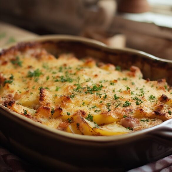 Leberkäse-Kartoffel-Gratin: bayerisches Rezept (45 Min) Goldbraun überbackener Leberkäse-Kartoffel-Gratin in einer Auflaufform mit knuspriger Käsekruste und frischer Petersilie