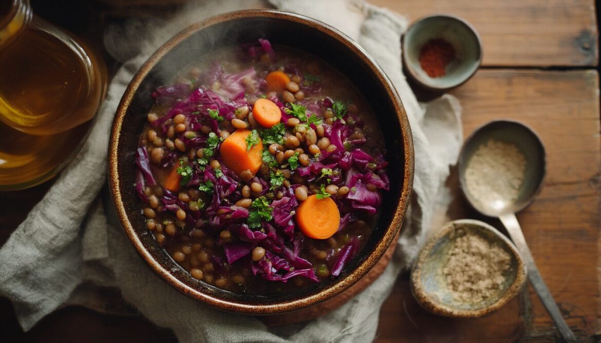 Dampfender veganer Linsen-Rotkohl-Eintopf mit Apfelessig in einer dunklen Keramikschale, garniert mit Petersilie