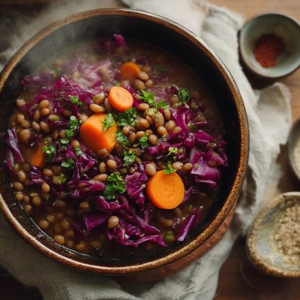 Linsen-Rotkohl-Eintopf mit Apfelessig (herzhaft & vegan) Dampfender veganer Linsen-Rotkohl-Eintopf mit Apfelessig in einer dunklen Keramikschale, garniert mit Petersilie