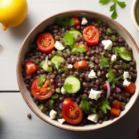 Linsensalat mit Belugalinsen, Kirschtomaten, Feta und Petersilie in einer Schüssel auf hellem Holztisch