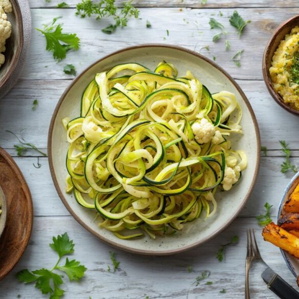 Mehrere Low-Carb-Beilagen ohne Kartoffeln – Blumenkohlreis, Zucchininudeln, Kohlrabi-Pommes und Selleriestampf auf einem Holztisch