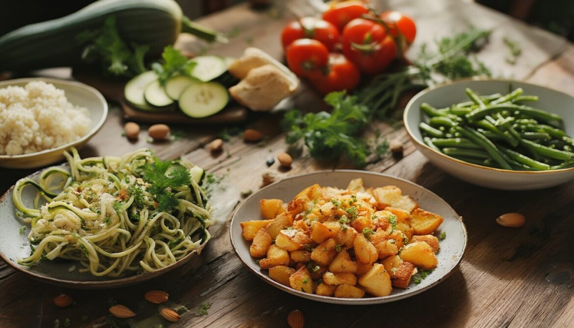 Verschiedene Low-Carb-Gemüsebeilagen wie Blumenkohlreis, Zucchininudeln und Kohlrabi-Pommes auf einem Holztisch
