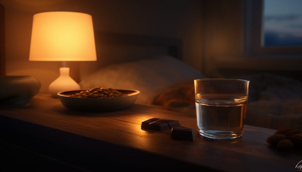Glas Wasser, Kürbiskerne, Mandeln und dunkle Schokolade auf einem Nachttisch im warmen Abendlicht