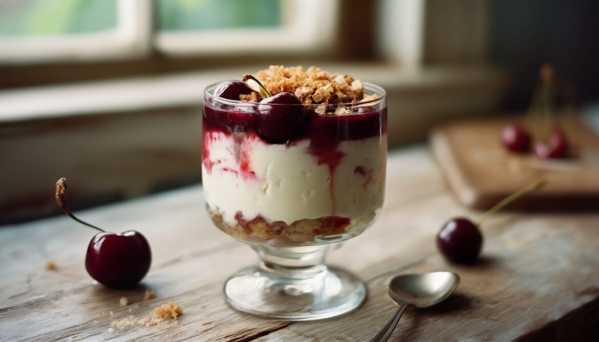 Mascarponecreme mit Sauerkirschen und Mandelstreuseln, geschichtet in einem Glas