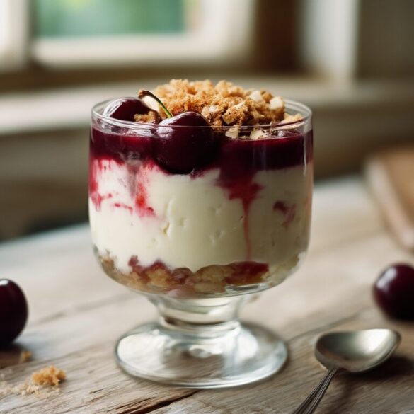 Mascarponecreme mit Sauerkirschen und Crunch-Topping Mascarponecreme mit Sauerkirschen und Mandelstreuseln, geschichtet in einem Glas