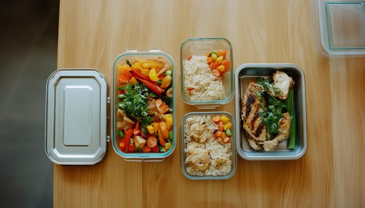 Meal-Prep-Behälter aus Glas, Edelstahl und Kunststoff nebeneinander mit vorgekochtem Essen