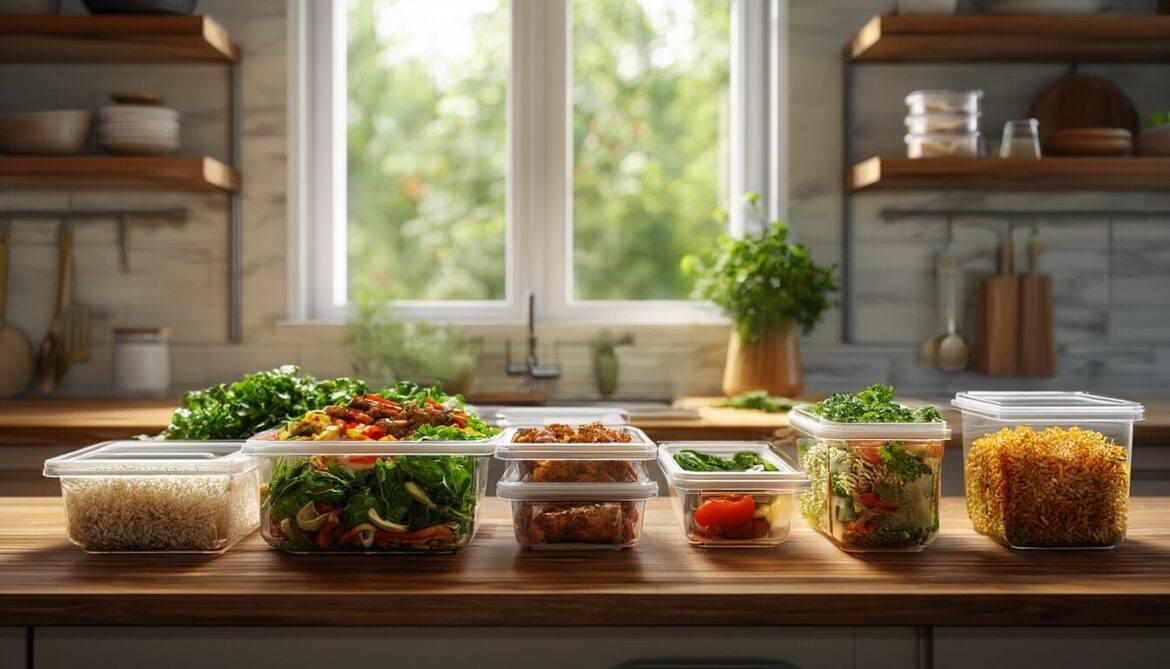 Meal-Prep-Dosen aus Glas und Kunststoff nebeneinander auf einer Küchenarbeitsplatte, teils mit vorgekochtem Essen gefüllt
