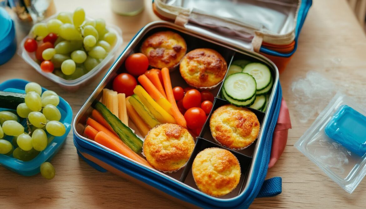 Gefüllte Schul-Brotdose mit herzhaften Eier-Muffins, Gemüsesticks und Obst auf einem Holztisch