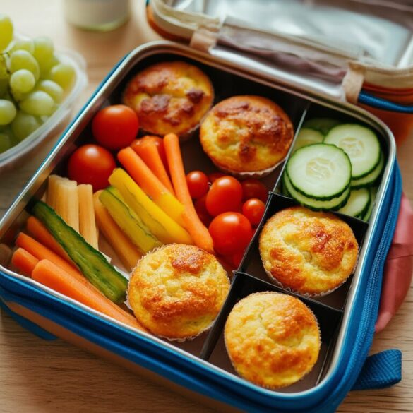 Meal Prep für die Schule: die Brotdose clever vorbereiten Gefüllte Schul-Brotdose mit herzhaften Eier-Muffins, Gemüsesticks und Obst auf einem Holztisch