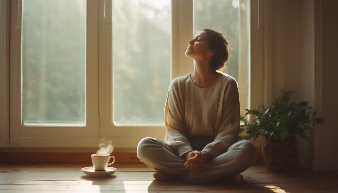 Frau Mitte 30 meditiert ruhig im Schneidersitz am Fenster im Morgenlicht – Sinnbild für Meditation und Achtsamkeit