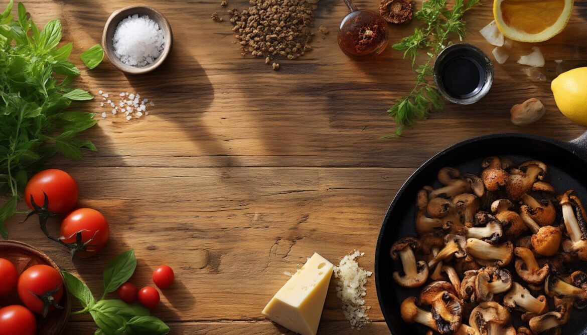 Küchentisch mit Salz, Zitrone, Sojasauce, Parmesan und frischen Kräutern als Zutaten für mehr Geschmack