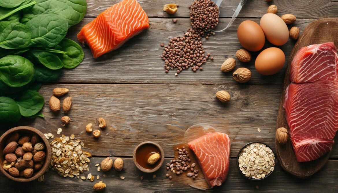 Auswahl an Lebensmitteln mit vielen Spurenelementen wie Fleisch, Linsen, Spinat, Nüsse, Fisch und Eier auf einem Holztisch