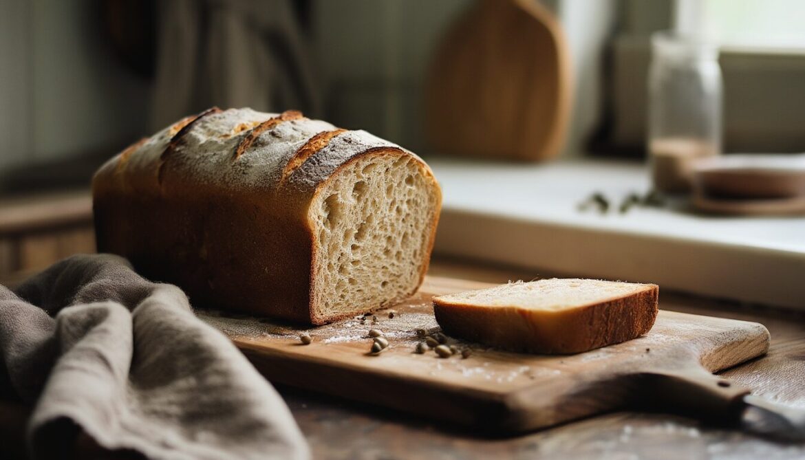 Angeschnittenes selbst gebackenes mildes Roggenbrot mit bemehlter Kruste auf einem Holzbrett