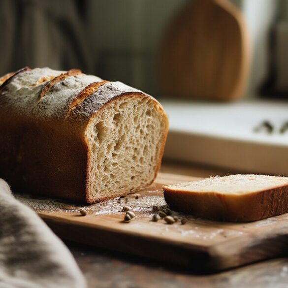 Mildes Roggenbrot backen: einfaches Rezept mit Hefe Angeschnittenes selbst gebackenes mildes Roggenbrot mit bemehlter Kruste auf einem Holzbrett