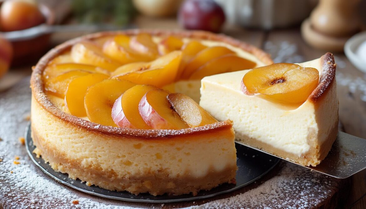 Angeschnittener Mirabellen-Käsekuchen mit Quark-Frischkäse-Füllung und halbierten Mirabellen auf einem Holztisch