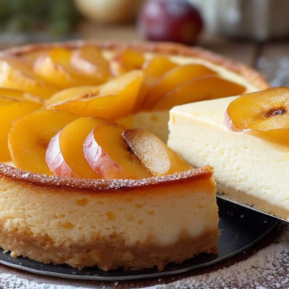 Mirabellen-Käsekuchen mit Quark und Frischkäse: saftig und einfach Angeschnittener Mirabellen-Käsekuchen mit Quark-Frischkäse-Füllung und halbierten Mirabellen auf einem Holztisch