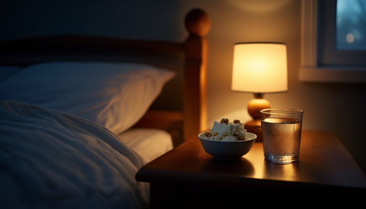 Kleiner eiweißreicher Snack mit Hüttenkäse und Walnüssen auf dem Nachttisch in einem ruhig beleuchteten Schlafzimmer