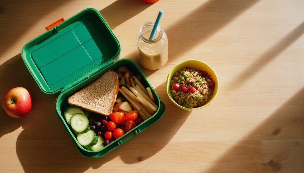Geöffnete Brotdose mit Gemüsesandwich, Quinoa-Bowl und Haferflocken-Smoothie als gesundes Mittagessen für Kinder in der Schule