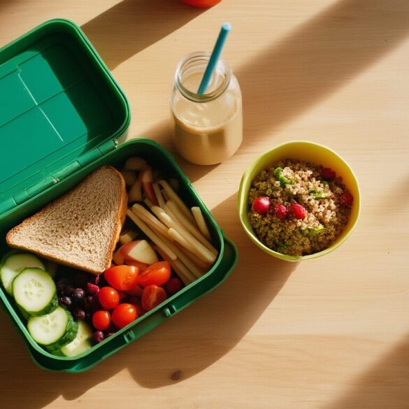Mittagessen für Kinder: 3 gesunde Ideen für die Schule Geöffnete Brotdose mit Gemüsesandwich, Quinoa-Bowl und Haferflocken-Smoothie als gesundes Mittagessen für Kinder in der Schule