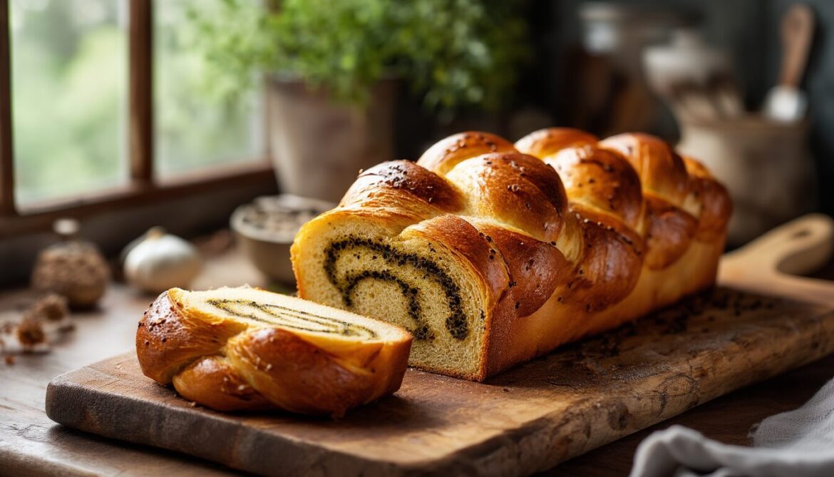 Frisch gebackener geflochtener Mohnstriezel mit goldener Kruste, eine Scheibe zeigt die dunkle Mohnfüllung