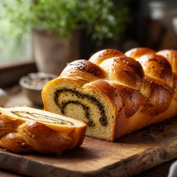 Mohnstriezel selber backen: saftiges Rezept Schritt für Schritt Frisch gebackener geflochtener Mohnstriezel mit goldener Kruste, eine Scheibe zeigt die dunkle Mohnfüllung