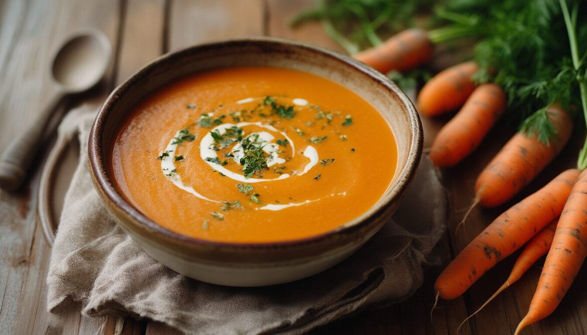Schüssel cremige Möhrensuppe mit Sahnespirale und frischen Möhren auf einem Holztisch