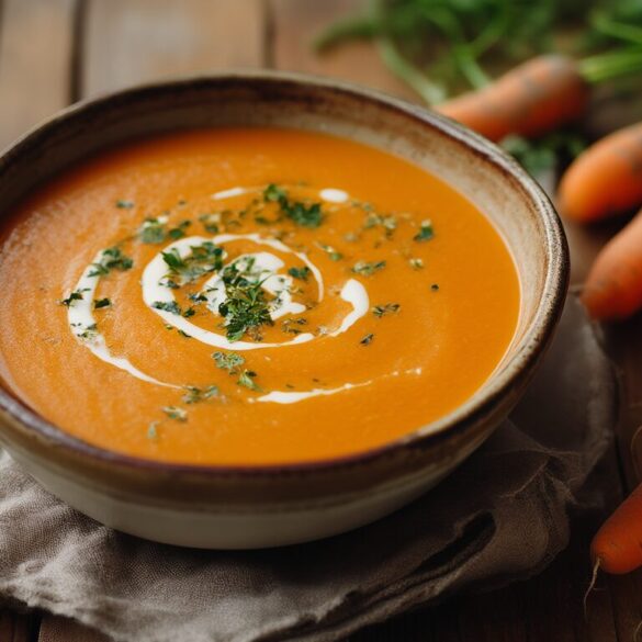 Möhrensuppe: cremiges Rezept in 30 Minuten Schüssel cremige Möhrensuppe mit Sahnespirale und frischen Möhren auf einem Holztisch