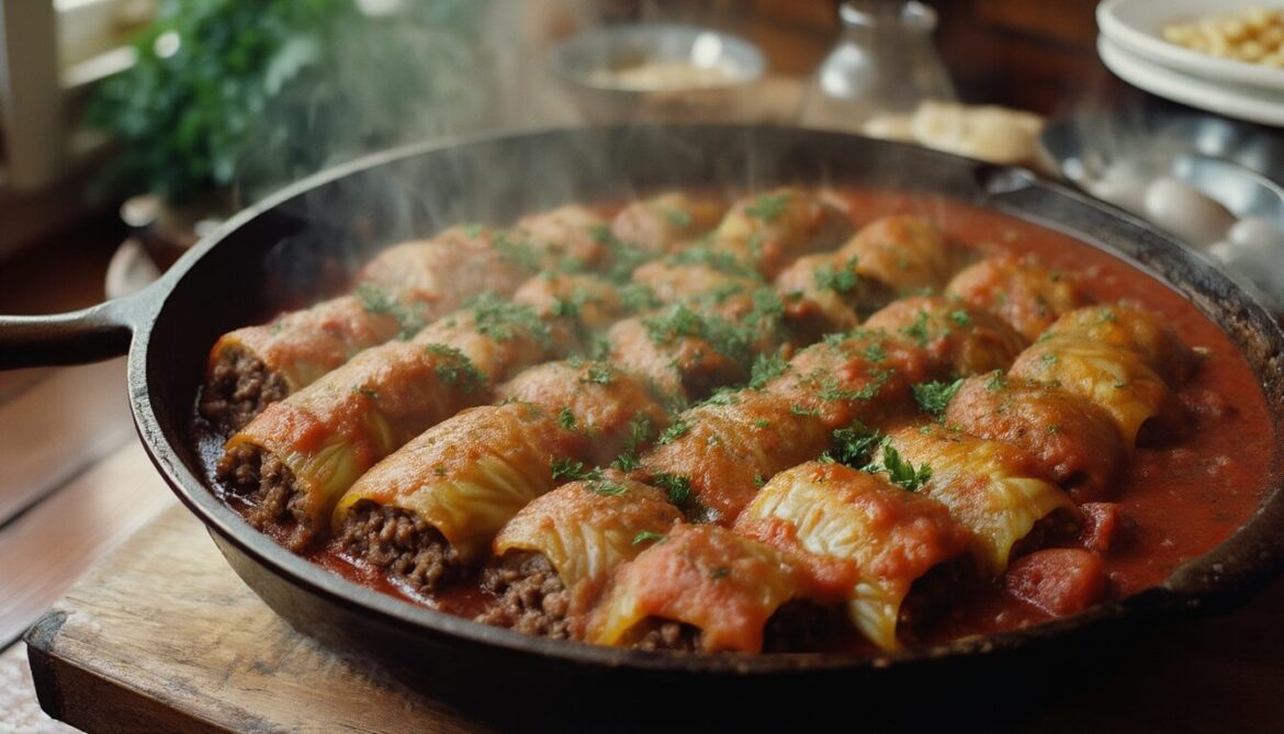 Münchner Kohlrouladen mit Hackfleisch in cremiger Tomaten-Schmorsauce, garniert mit frischer Petersilie in einer Pfanne