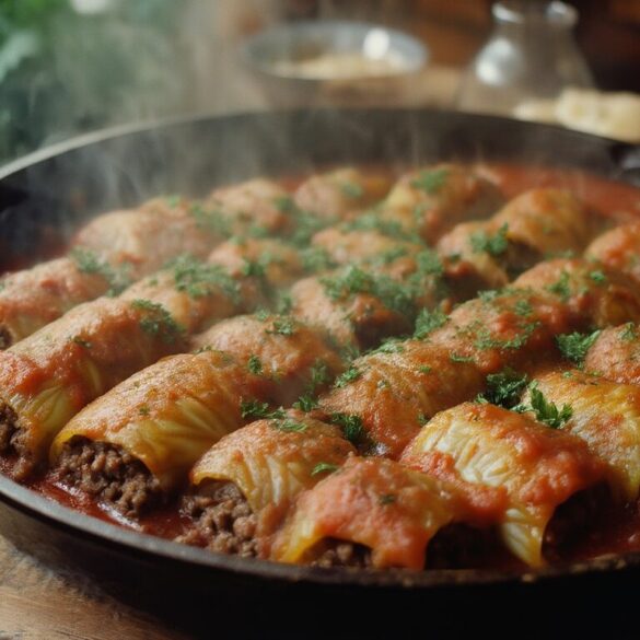 Münchner Kohlrouladen mit Hackfleisch Münchner Kohlrouladen mit Hackfleisch in cremiger Tomaten-Schmorsauce, garniert mit frischer Petersilie in einer Pfanne