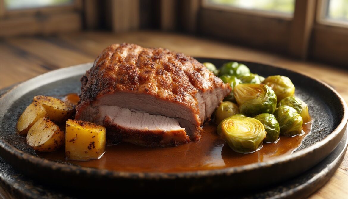 Aufgeschnittener Münchner Schweinebraten mit knuspriger Kruste, gerösteten Kartoffeln und Rosenkohl auf einem Teller