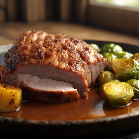 Münchner Schweinebraten mit Kartoffeln und Rosenkohl Aufgeschnittener Münchner Schweinebraten mit knuspriger Kruste, gerösteten Kartoffeln und Rosenkohl auf einem Teller