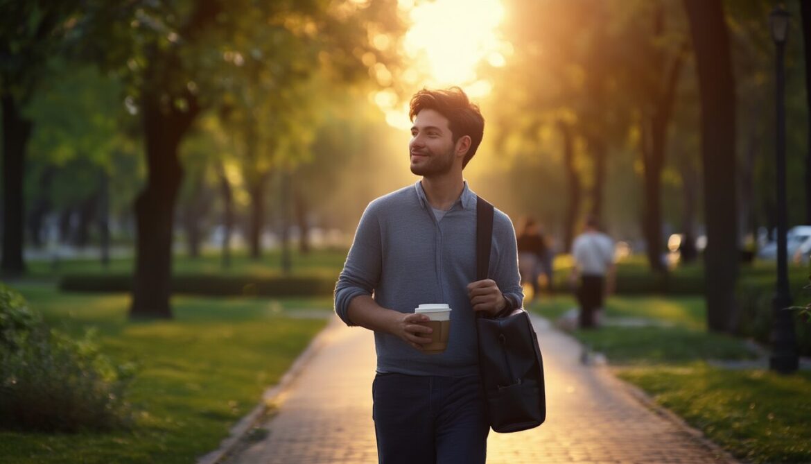 Person geht nach der Arbeit bei Abendlicht entspannt durch einen Park und schaltet vom Feierabend ab