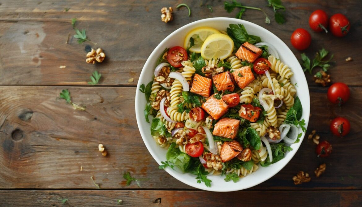 Nudelsalat mit gebratenem Lachs, gerösteten Walnüssen, Cherrytomaten und Blattsalat in einer weißen Schüssel
