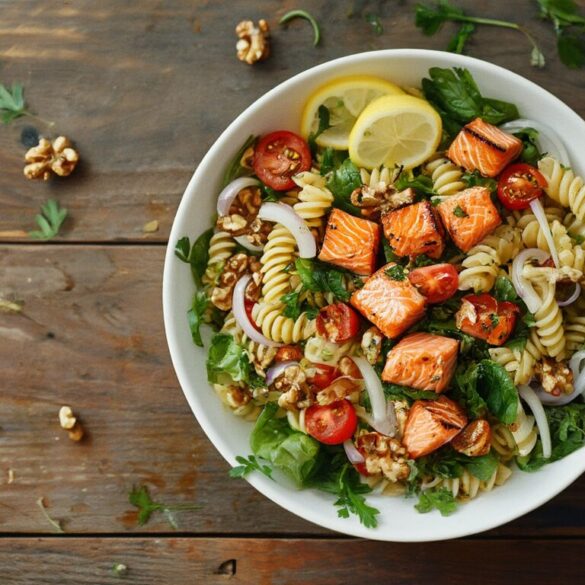 Nudelsalat mit Lachs und Walnüssen Nudelsalat mit gebratenem Lachs, gerösteten Walnüssen, Cherrytomaten und Blattsalat in einer weißen Schüssel