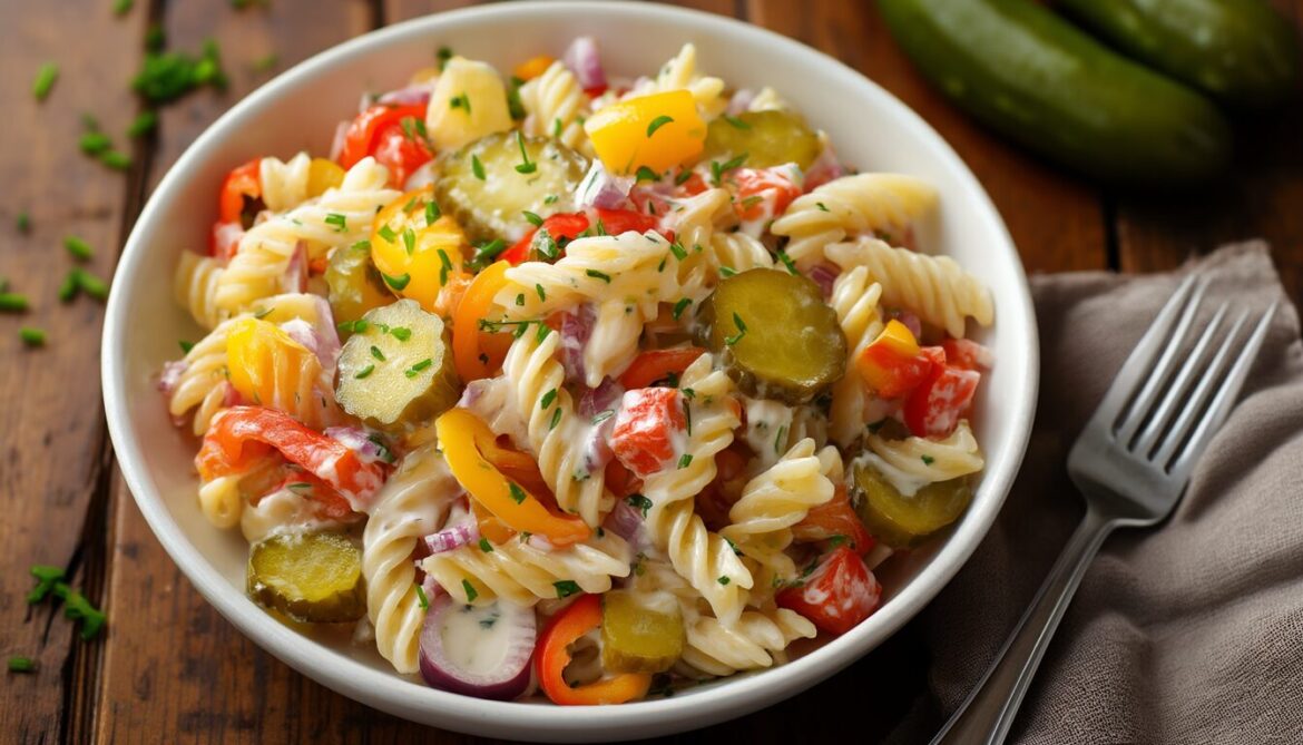 Bunter Nudelsalat mit Paprika und sauren Gurken in cremigem Dressing in einer weißen Schüssel