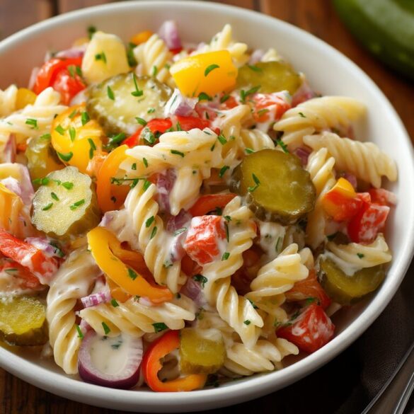 Nudelsalat mit Paprika und sauren Gurken: cremig und knackig fürs Grillen Bunter Nudelsalat mit Paprika und sauren Gurken in cremigem Dressing in einer weißen Schüssel