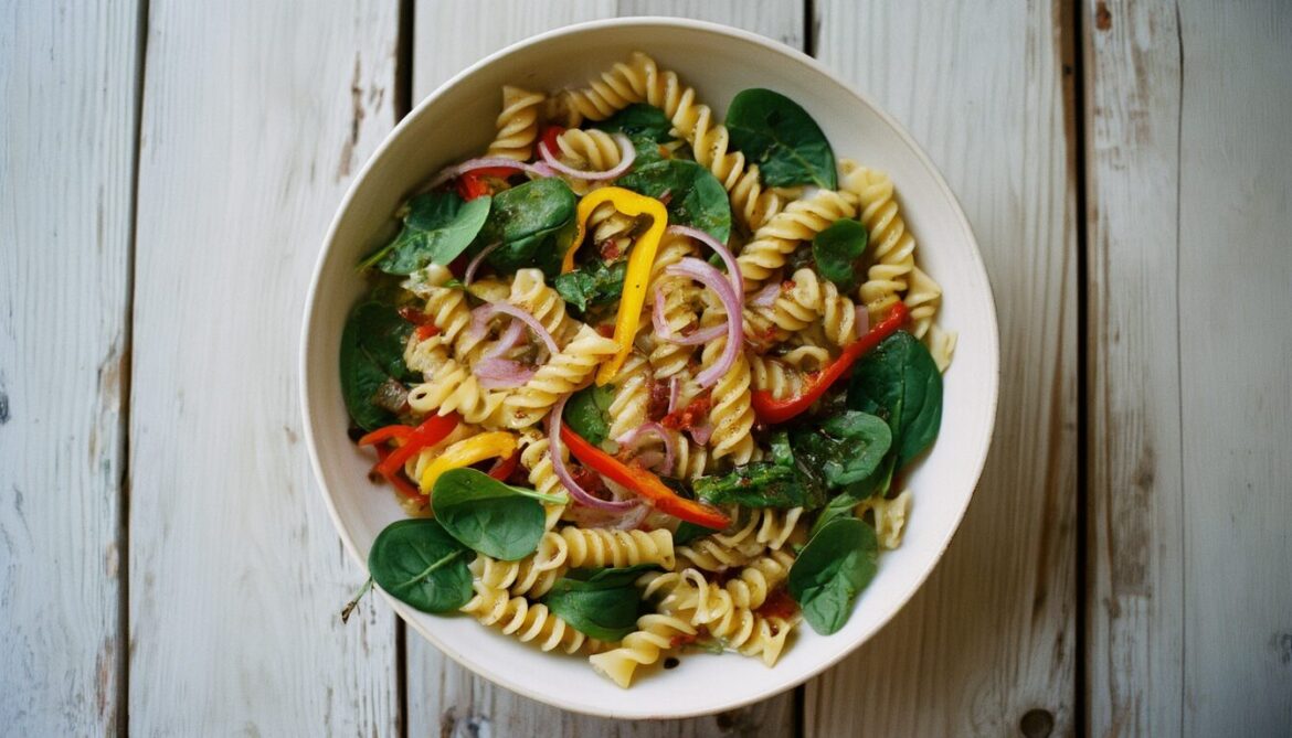 Nudelsalat mit Spinat, roter und gelber Paprika in einer weißen Schüssel