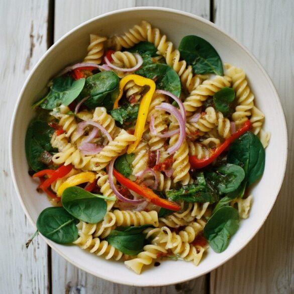 Nudelsalat mit Spinat und Paprika: frisch, schnell und perfekt für den Sommer Nudelsalat mit Spinat, roter und gelber Paprika in einer weißen Schüssel