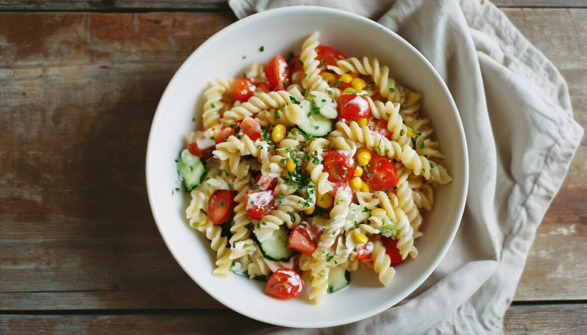Bunter Nudelsalat ohne Mayo mit cremigem Joghurt-Dressing, Paprika, Tomaten und Mais in einer weißen Schüssel