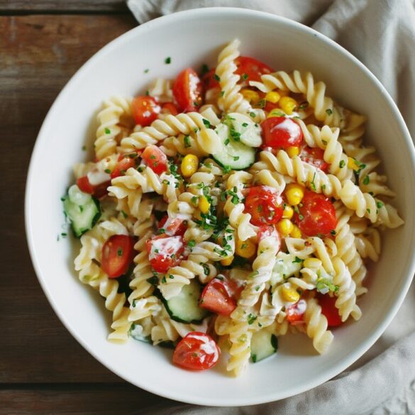 Bunter Nudelsalat ohne Mayo mit cremigem Joghurt-Dressing, Paprika, Tomaten und Mais in einer weißen Schüssel