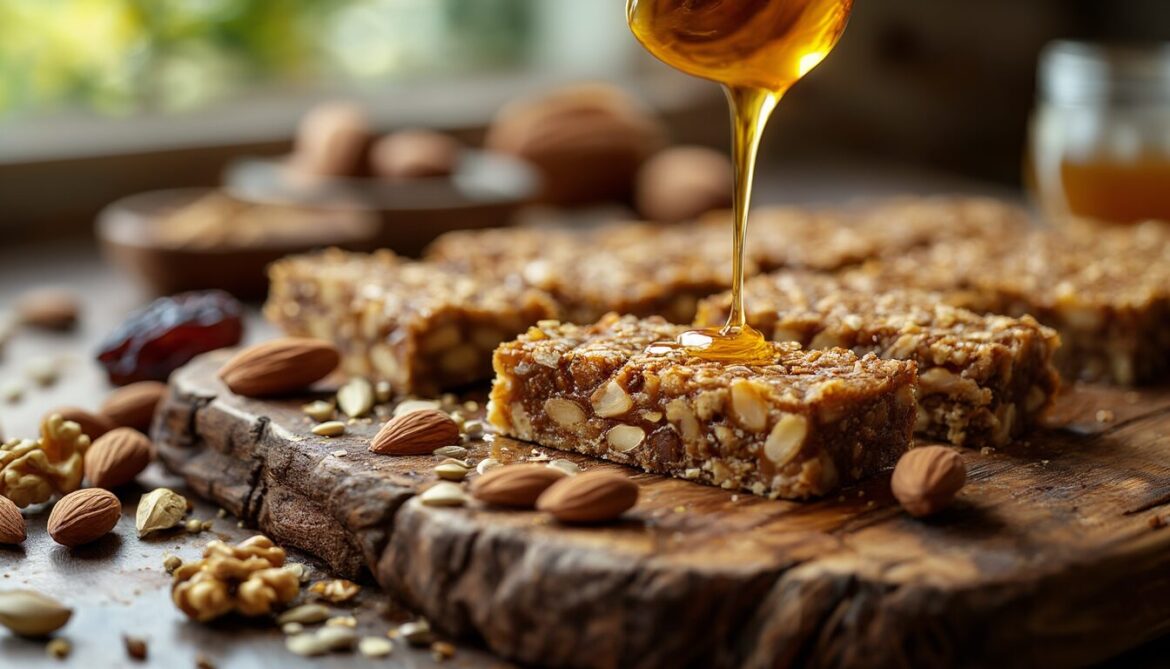 Selbstgemachte Nussriegel mit Mandeln, Cashews und Datteln auf einem Holzbrett