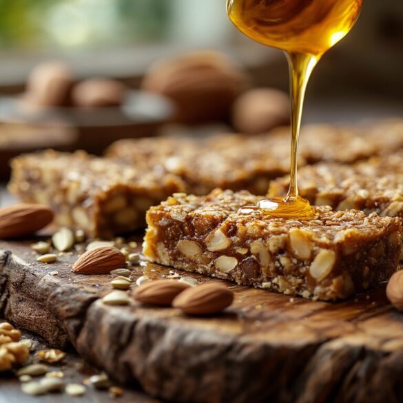 Nussriegel selber machen: Rezept mit genauen Mengen in 15 Minuten Selbstgemachte Nussriegel mit Mandeln, Cashews und Datteln auf einem Holzbrett