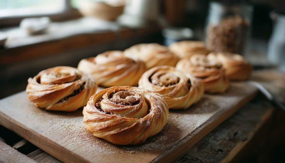 Frisch gebackene saftige Nussschnecken aus Hefeteig mit Zuckerglasur auf einem Holzbrett