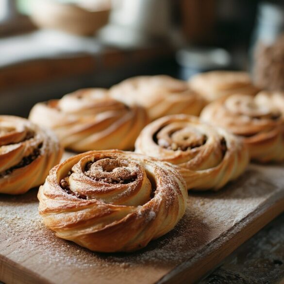 Nussschnecken aus Hefeteig: saftig & einfach selbst backen Frisch gebackene saftige Nussschnecken aus Hefeteig mit Zuckerglasur auf einem Holzbrett