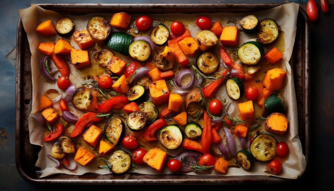 Buntes knuspriges Ofengemüse mit Süßkartoffel, Karotten, Zucchini und Paprika frisch auf dem Backblech