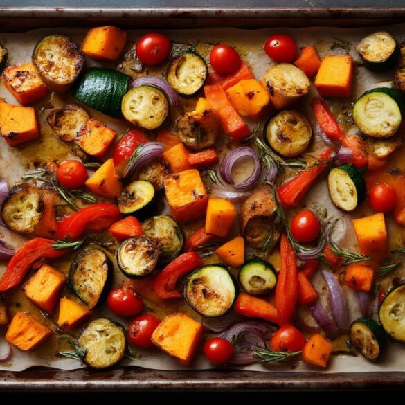 Buntes knuspriges Ofengemüse mit Süßkartoffel, Karotten, Zucchini und Paprika frisch auf dem Backblech