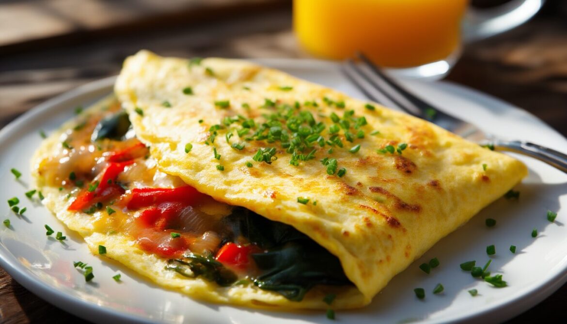 Aufgeklapptes Omelett mit Gemüse und geschmolzenem Käse, bestreut mit Schnittlauch auf einem weißen Teller