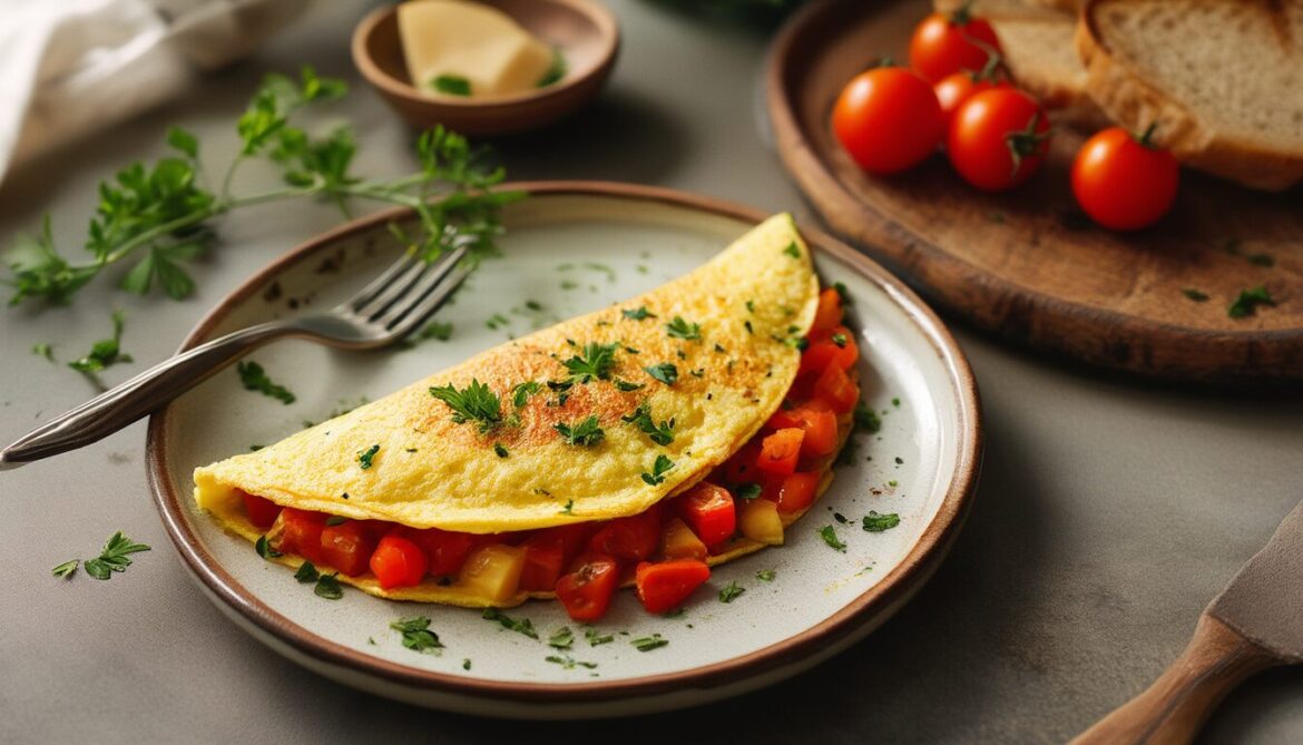 Goldgelbes, fluffiges Omelette mit Paprika und Tomaten auf einem Teller, garniert mit frischer Petersilie